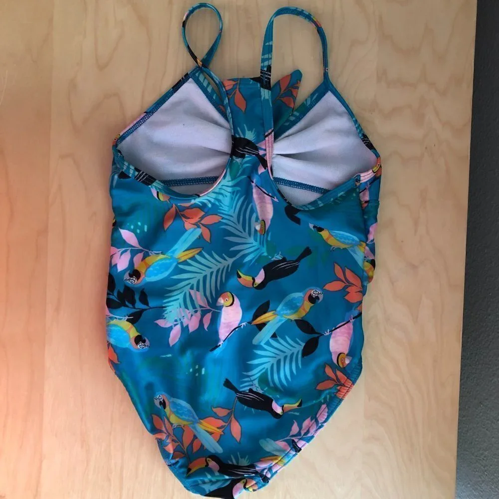 Speedo One Piece Swimsuit Girl's size XS Blue Orange & Yellow Tropical Parrots